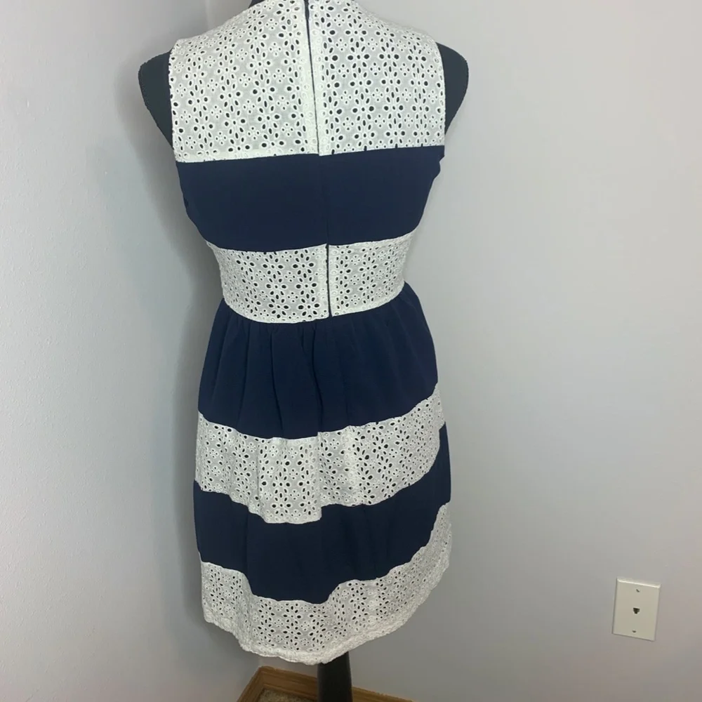 Esley Blue & White Sleeveless Fit & Flare Dress - Picture 5 of 8